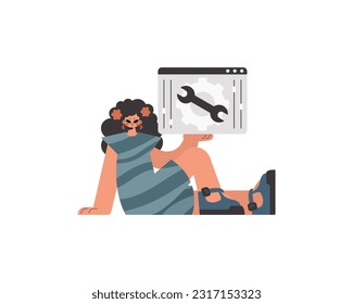 The enthusiastic woman is holding a browser window with gears. SEO and web exploring subject. Limited. Trendy style, Vector Illustration