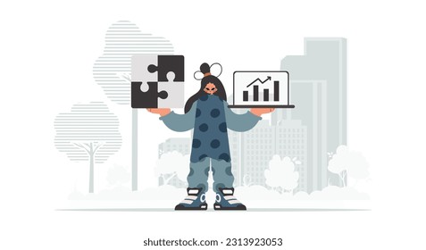 The enthusiastic woman is holding a confuse and a positivegrade chart. Thought bunch work. Trendy style, Vector Illustration