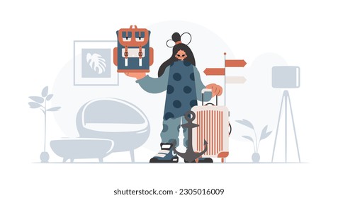 The enthusiastic woman is holding a travel rucksack and a plunder. The concept of rest and travel. Trendy style, Vector Illustration