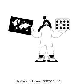 The enthusiastic woman is holding a world chart and a calendar. Tourism subject. Dim and white line craftsmanship. Trendy style, Vector Illustration