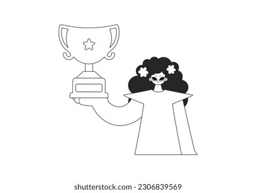 The enthusiastic woman holds the holder of the champ in his hands. Dim and white line craftsmanship. Trendy style, Vector Illustration