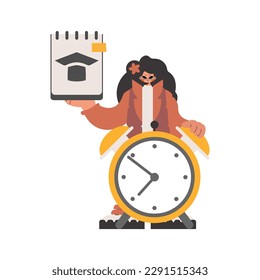 Enthusiastic woman with hypothetical and caution clock, limited on white establishment. Trendy style, Vector Illustration