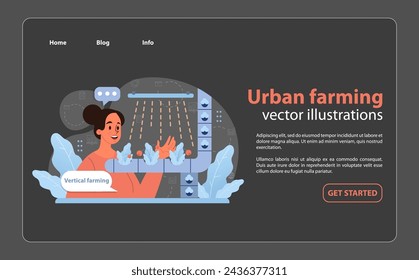 Enthusiastic woman showcases vertical farming unit, blending nature and urban living. Embracing sustainable growth and green innovation in city environment. Flat vector illustration