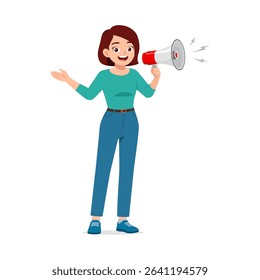 Enthusiastic Woman Speaks into Megaphone with Smiling Expression and Open Hand Gesture