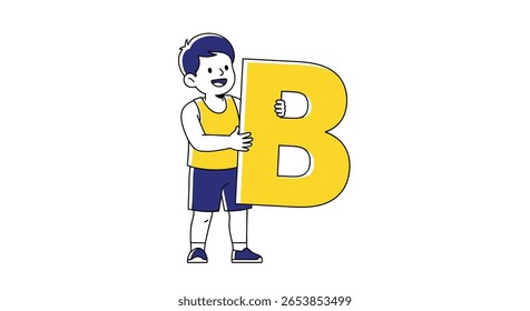 Menino jovem entusiasmado alegremente segurando uma grande letra amarela b com uma expressão feliz e postura lúdica