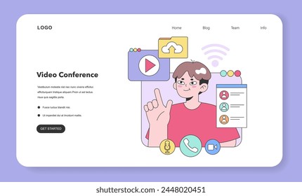 Enthusiastic young man navigating the digital world, uploading content, connecting over calls, and managing social contacts seamlessly. Flat vector illustration