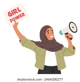 Enthusiastic Young Woman In A Hijab Uplifts A Placard Reading Girl Power While Speaking Through A Megaphone, Symbolizing Empowerment, Activism, And Vocal Advocacy For Women Rights And Equality, Vector