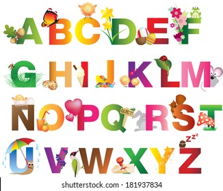 Entire alphabet represented with cute cartoon illustrations based on nature and summer
