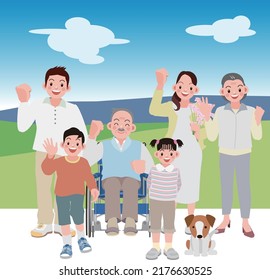 The entire family cheerfully poses around the old man in his wheelchair.vector illustration