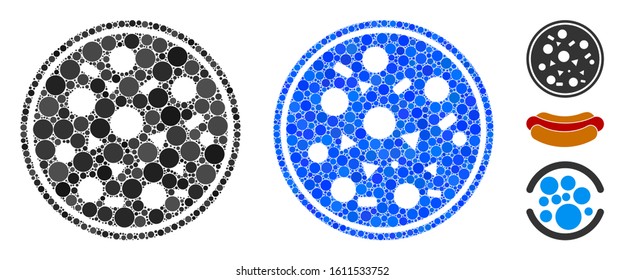 Entire pizza composition of round dots in various sizes and color tints, based on entire pizza icon. Vector round elements are united into blue mosaic.