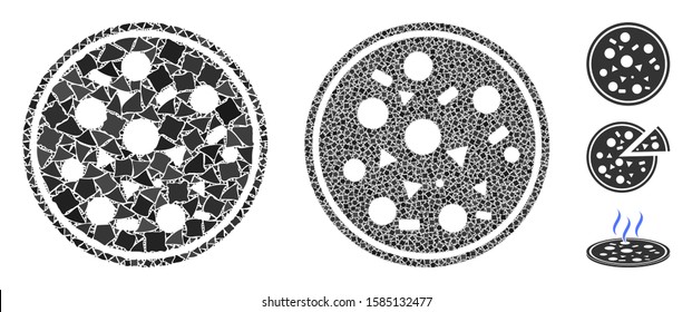 Entire pizza icon composition of tuberous pieces in different sizes and color tinges, based on entire pizza icon. Vector tuberous pieces are united into collage.