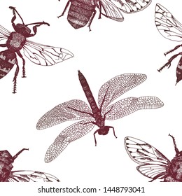 Entomological highly detailed macro seamless pattern. Hand drawn sketched insects repeated all around