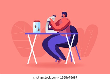 Entomologist Scientist or Amateur Character Search and Study Insects with Microscope at Home or Laboratory. Wild Nature, Fauna. Entomology Hobby or Professional Occupation. Cartoon Vector Illustration