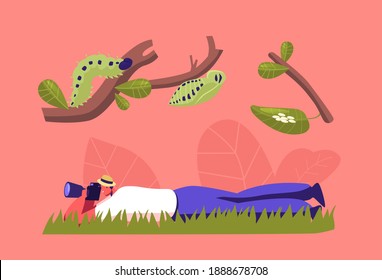 Entomologist Scientist or Amateur Character Search and Study Caterpillar Insects in Wild Nature and Fauna. Man with Photo Camera Entomology Hobby, Professional Occupation. Cartoon Vector Illustration