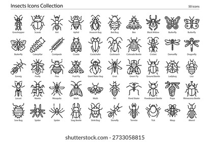 Entomology and bug icons featuring various insects, bug characteristics, entomology symbols, and insect study tools.
