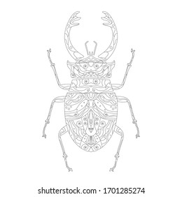 Entomology character beetle. Vector illustration of beetle deer on white background. Zentangle stylized cartoon isolated on white background. Lucanus cervus. Coloring page for adult anti-stress.