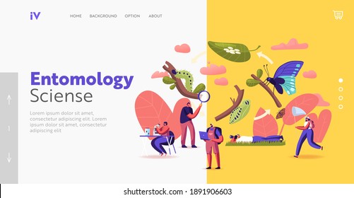Entomology Hobby Landing Page Template. Entomologists Scientists or Amateurs Characters Create Homemade Insect Collection, Search and Study Wild Nature, Fauna. Cartoon People Vector Illustration