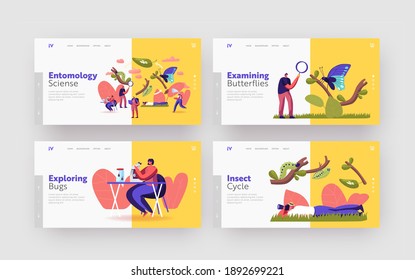 Entomology Hobby Landing Page Template Set. Entomologists Scientists or Amateurs Characters Create Homemade Insect Collection, Search and Study Wild Nature, Fauna. Cartoon People Vector Illustration