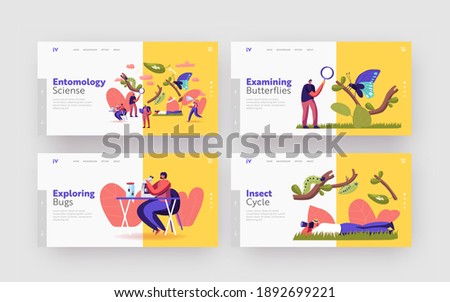 Entomology Hobby Landing Page Template Set. Entomologists Scientists or Amateurs Characters Create Homemade Insect Collection, Search and Study Wild Nature, Fauna. Cartoon People Vector Illustration