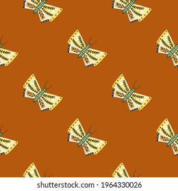 Entomology seamless pattern with folk butterfly elements. Brown background. Minimalistic wildlife print. Perfect for fabric design, textile print, wrapping, cover. Vector illustration.