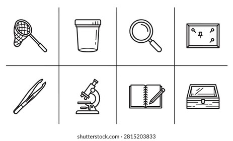 Entomology tools line icon set with net and microscope