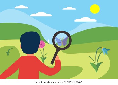 Entomology vector concept: closeup of unknown boy looking closely at the flying butterfly through magnifying glass in the middle of the green hills