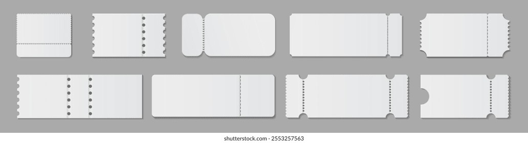 Entrance or admission tickets, isolated set of realistic empty templates for cinema or theater. Vector isolated pass for carnival or festival, performance or show. Voucher or coupon access