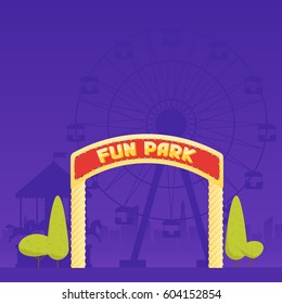 Entrance to the amusement park. Circus carousel and a ferris wheel in the background. Vector illustration.