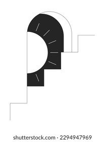 Entrance arch with peeping sun behind staircase flat line black white vector concept. Editable cartoon style icon. Simple isolated outline spot illustration for web graphic design and animation