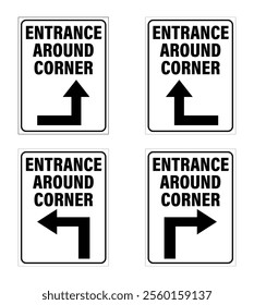 Entrance around corner. Set of information signs with text and directional arrows pointing in four different direction, one for each placard.