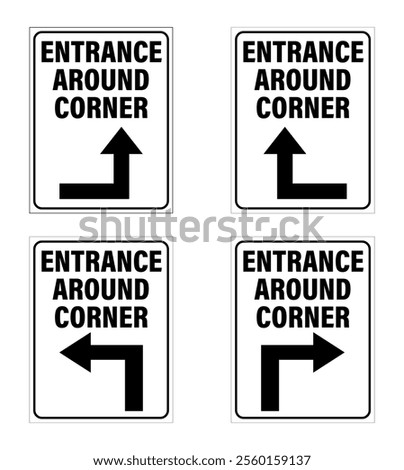 Entrance around corner. Set of information signs with text and directional arrows pointing in four different direction, one for each placard.
