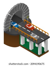 entrance to automobile tunnel with section of bridge and cars. Automobile bridge with arched tunnel in mountains. Vector