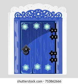 Entrance blue wooden door with patterns snowflake isolated on gray background. Idea festive interior. Attributes of New year and Christmas. Vector cartoon close-up illustration.