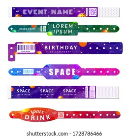 Entrance bracelets for space party, birthday, festivals, private areas. Design template of access to event for party. Vector illustration.