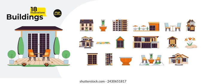 Entrance building backyard decor 2D linear cartoon objects bundle. Patio accessories, house windows isolated line vector items white background. Terrace chairs color flat spot illustration collection