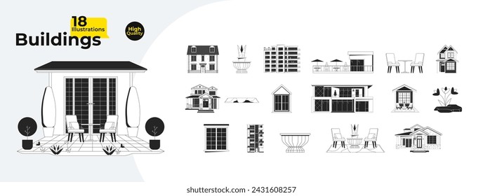 Conjunto de objetos de dibujos animados de línea 2D en blanco y negro. Accesorios de patio, ventanas de la casa aislada colección de elementos de contorno vectorial. Condominio monocromático ilustraciones de punto plano