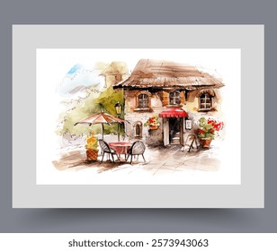 Entrance to cafe near single table with umbrella in two-story building on wall art. Watercolor artwork. Print with small tourist cafe or restaurant for tourists, in frame with decor for poster