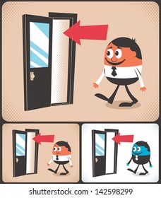 Entrance: Cartoon man entering door. Illustration is in 3 versions. No transparency and gradients used.