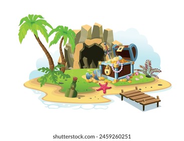 Entrance to a cave with a chest of gold. Cave. Exit  to the cave.Illustration in cartoon style for games. Element for design