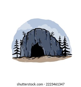 Entrance to cave and forest. Stone mountain with underground dungeon. Hand drawn cartoon illustration. Natural scene