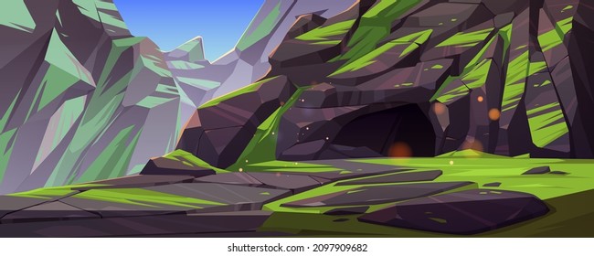 Entrance To Cave In Mountain With Green Moss On Rocks Around. Grotto, Hidden Underground Tunnel Or Cavern, Summer Nature Landscape. Fantasy Antre Or Hollow Background, Cartoon Vector Illustration