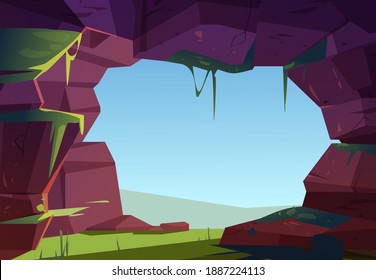 Entrance to cave in mountain, hole in rock with green grass, moss and blue sky view. Grotto, hidden underground tunnel or cavern, summer nature landscape, hollow background Cartoon vector illustration