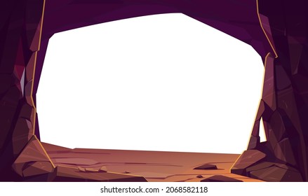 Entrance To Cave In Mountain, Hole In Rock With Empty Copy Space For Text Or Image. Grotto, Hidden Underground Tunnel Or Cavern, Natural Hollow On White Background, Cartoon Vector Illustration