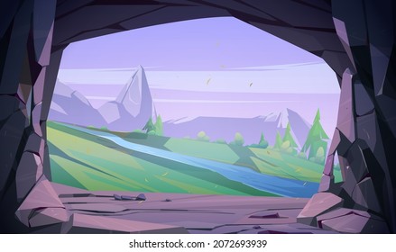 Entrance to cave in mountain with scenery landscape view of green grass, river, rocks and blue sky. Grotto, hidden underground tunnel or cavern, summer nature background. Cartoon vector illustration