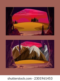 Entrance to cave in mountain with scenery landscape view of green grass, river, rocks and blue sky. Grotto, hidden underground tunnel or cavern, summer nature background. Cartoon vector illustration