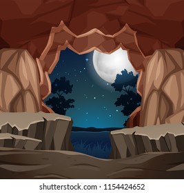 Entrance to cave night scene illustration