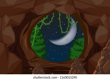 Entrance to cave night scene illustration