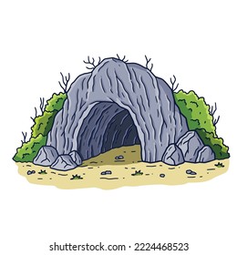 Entrance to cave. Stone mountain with underground dungeon. Hand drawn cartoon illustration. Natural scene
