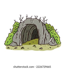 Entrance to cave. Stone mountain with underground dungeon. Hand drawn cartoon illustration. Natural scene