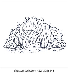 Entrance to cave. Stone mountain with underground dungeon. Hand drawn cartoon illustration.